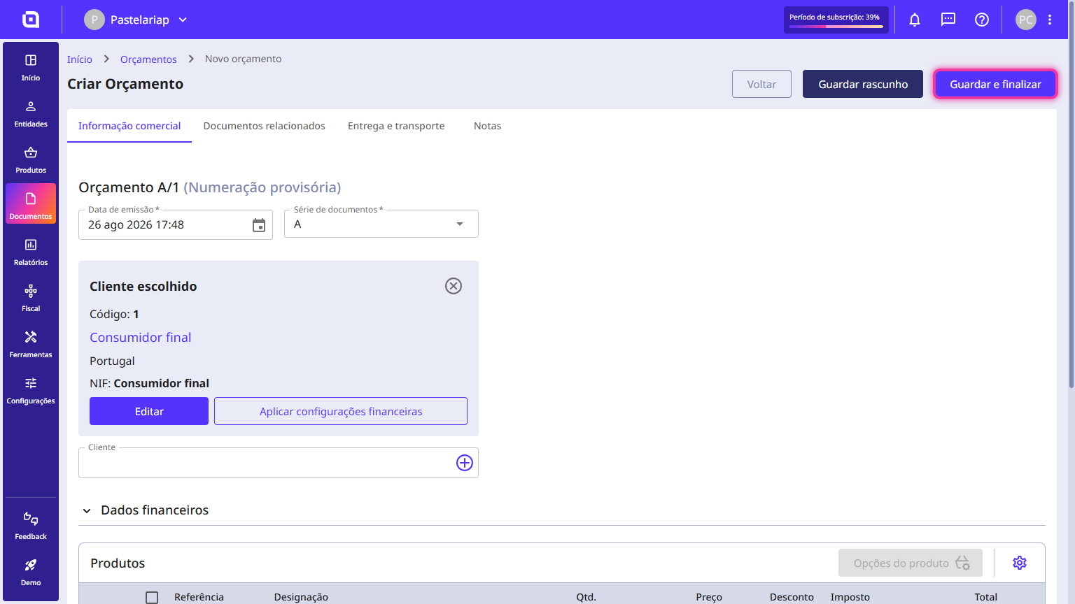 Save and finish button highlighted in the top right corner of the estimate form.