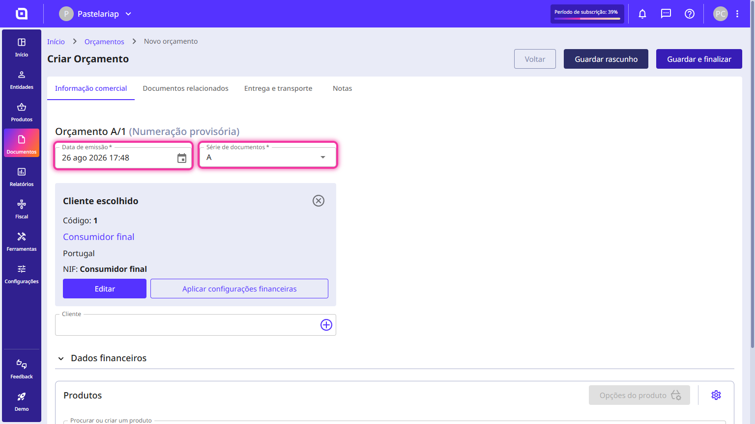 Estimate form with the Issue date and Document set fields highlighted.