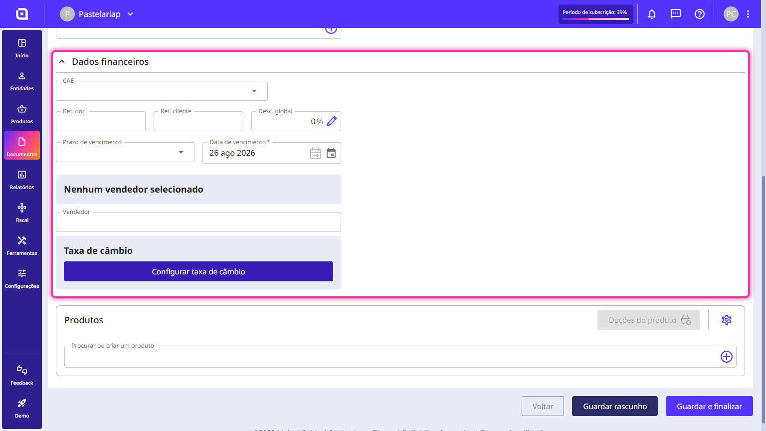 Financial data section open, showing the classification code, references, payment terms and due date, salesperson and exchange rate.