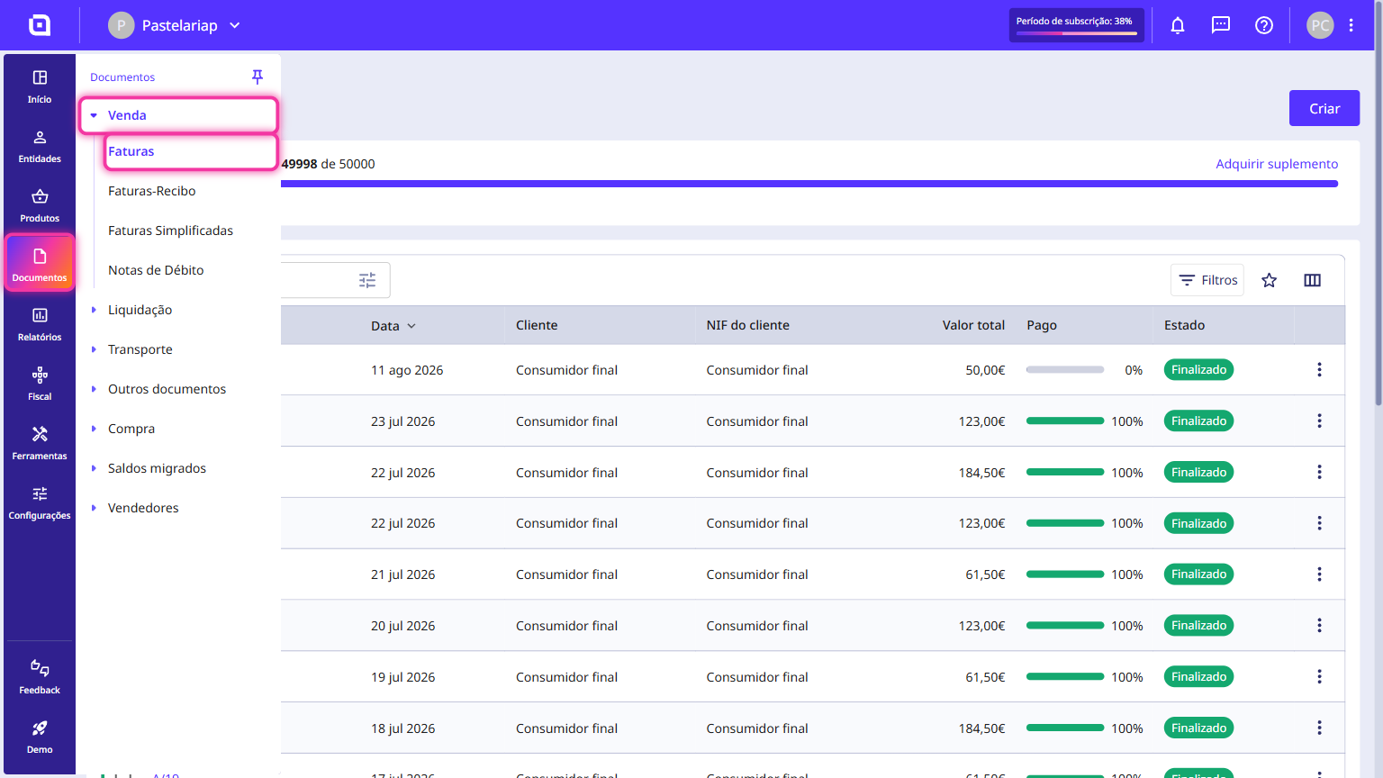 Documents menu open, with Sales and Invoices highlighted in the Moloni ON side menu.