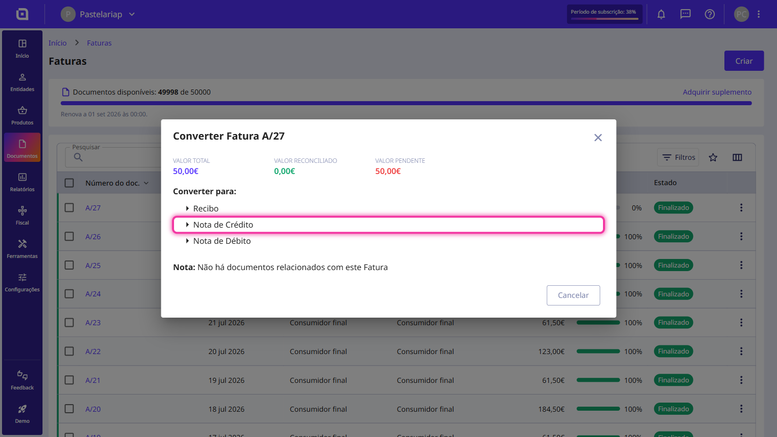 Convert Invoice window with the Credit Note option highlighted.