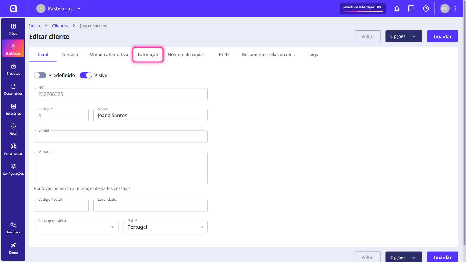 Customer record with the Billing tab highlighted.