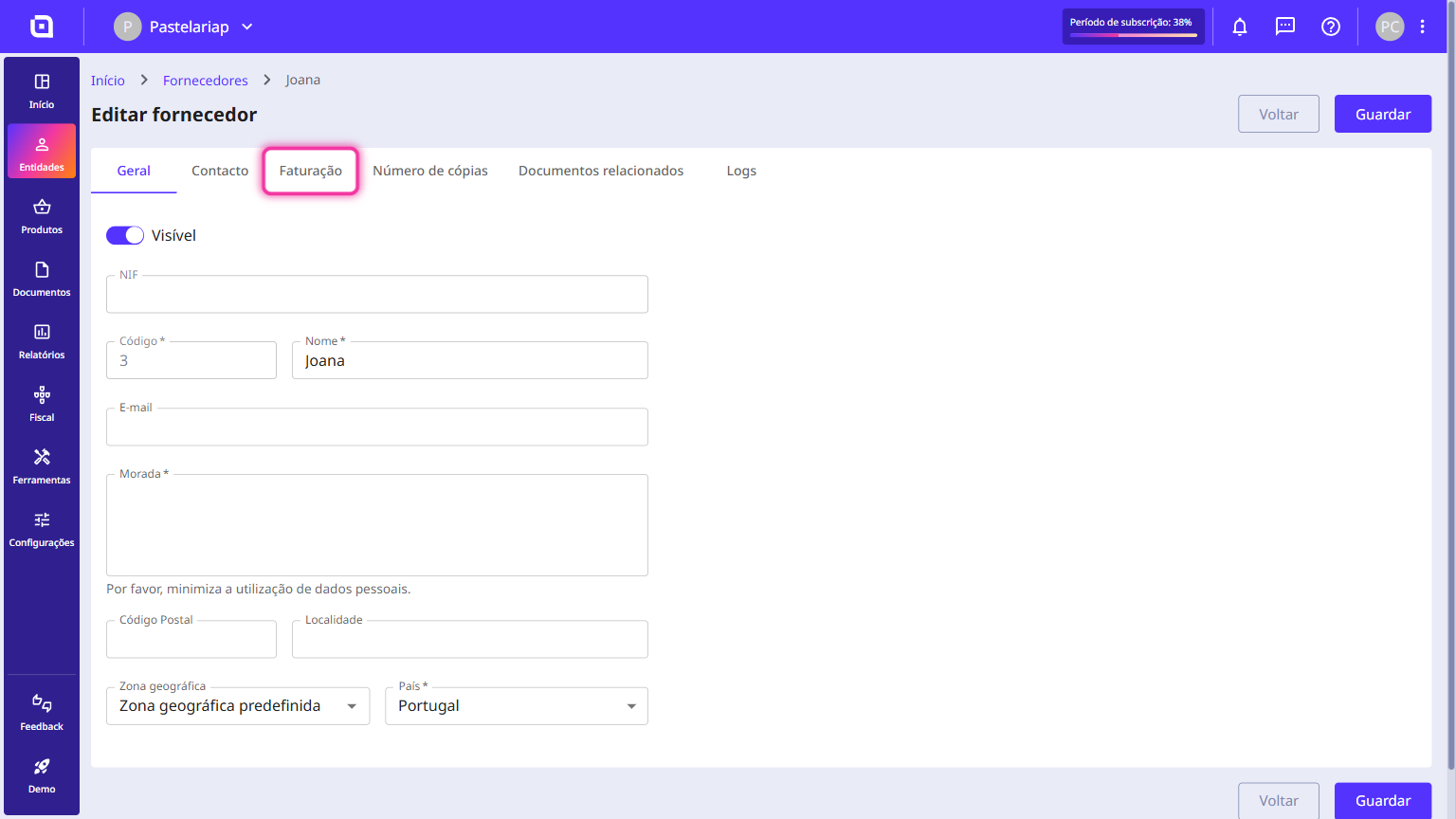 Supplier record with the Billing tab highlighted.
