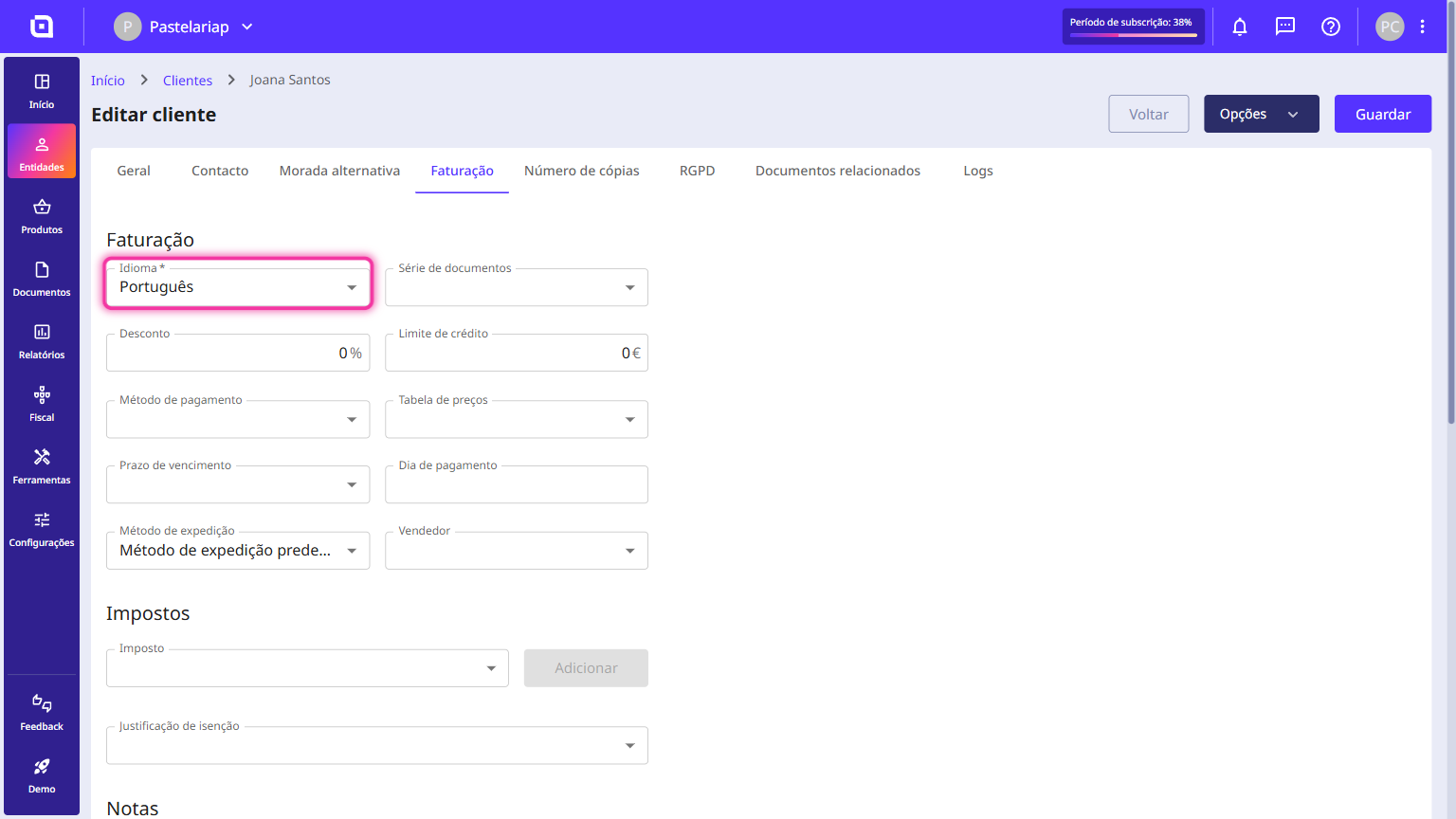 Customer's Billing tab with the Language field highlighted.
