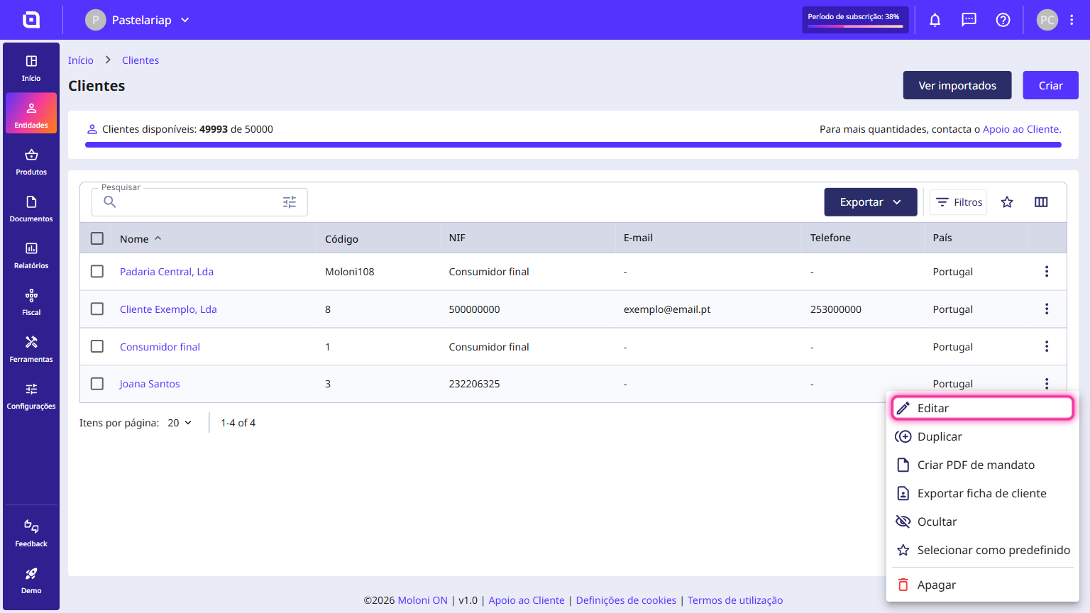 Customer options menu open, with the Edit option highlighted.