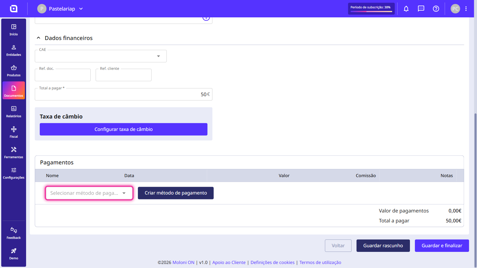 Payments section with the payment method selector highlighted.