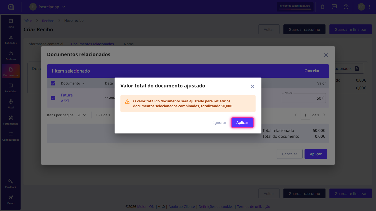 Adjusted document total warning, with the Apply button highlighted.
