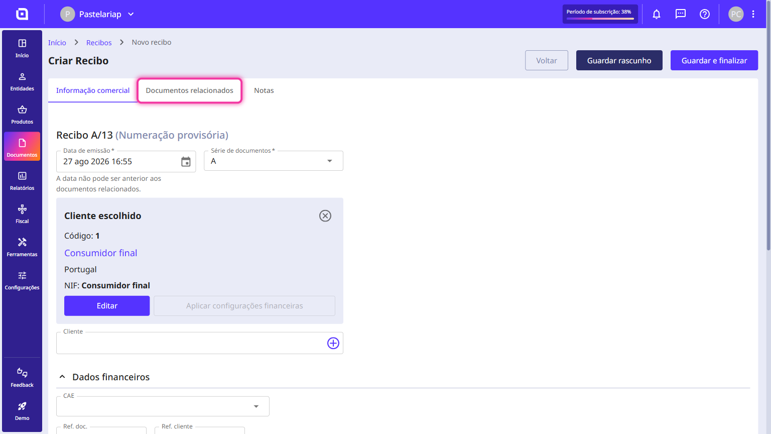 Receipt form with the Related documents tab highlighted.