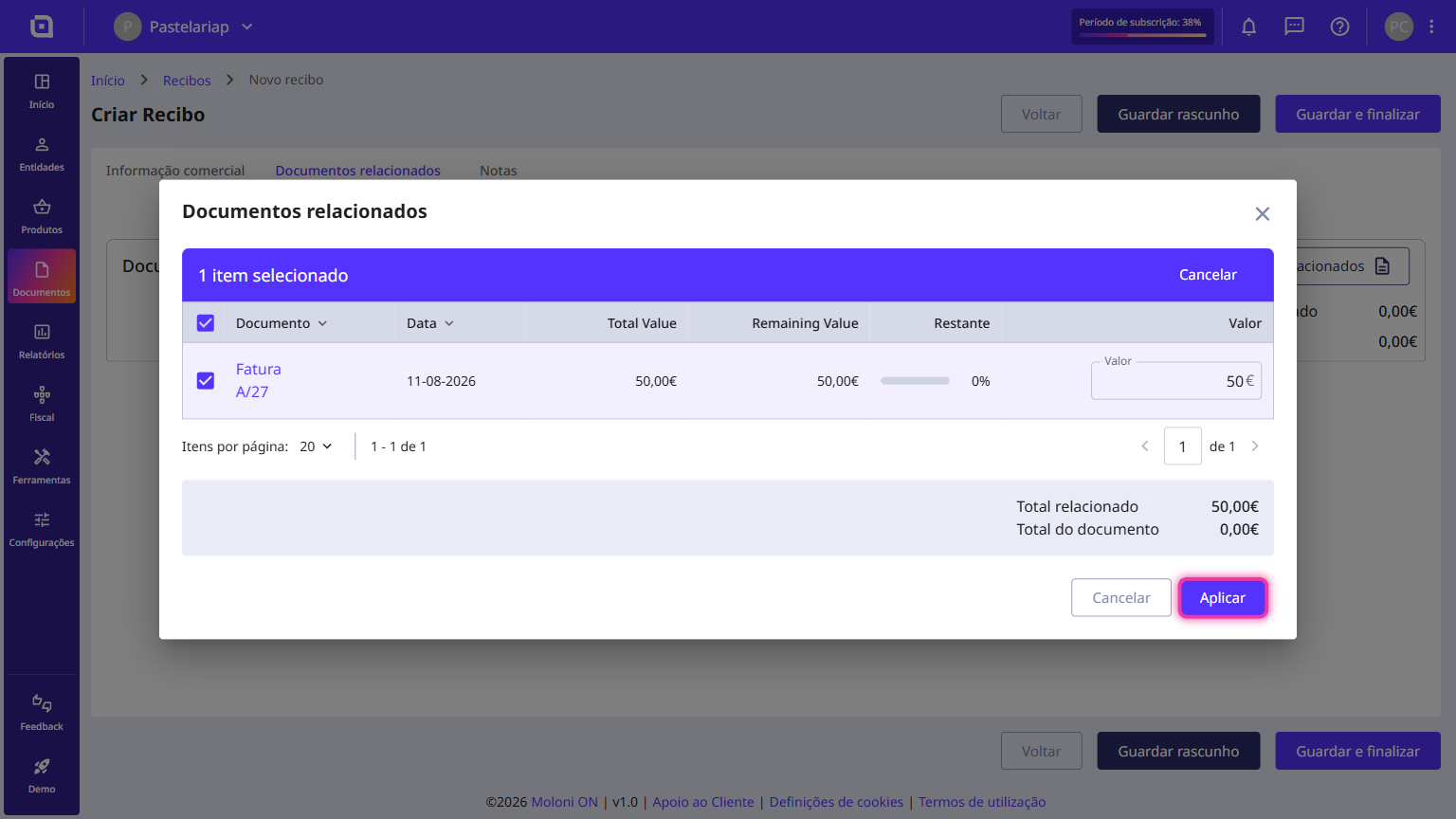 Related documents window with the invoice selected and the Apply button highlighted.
