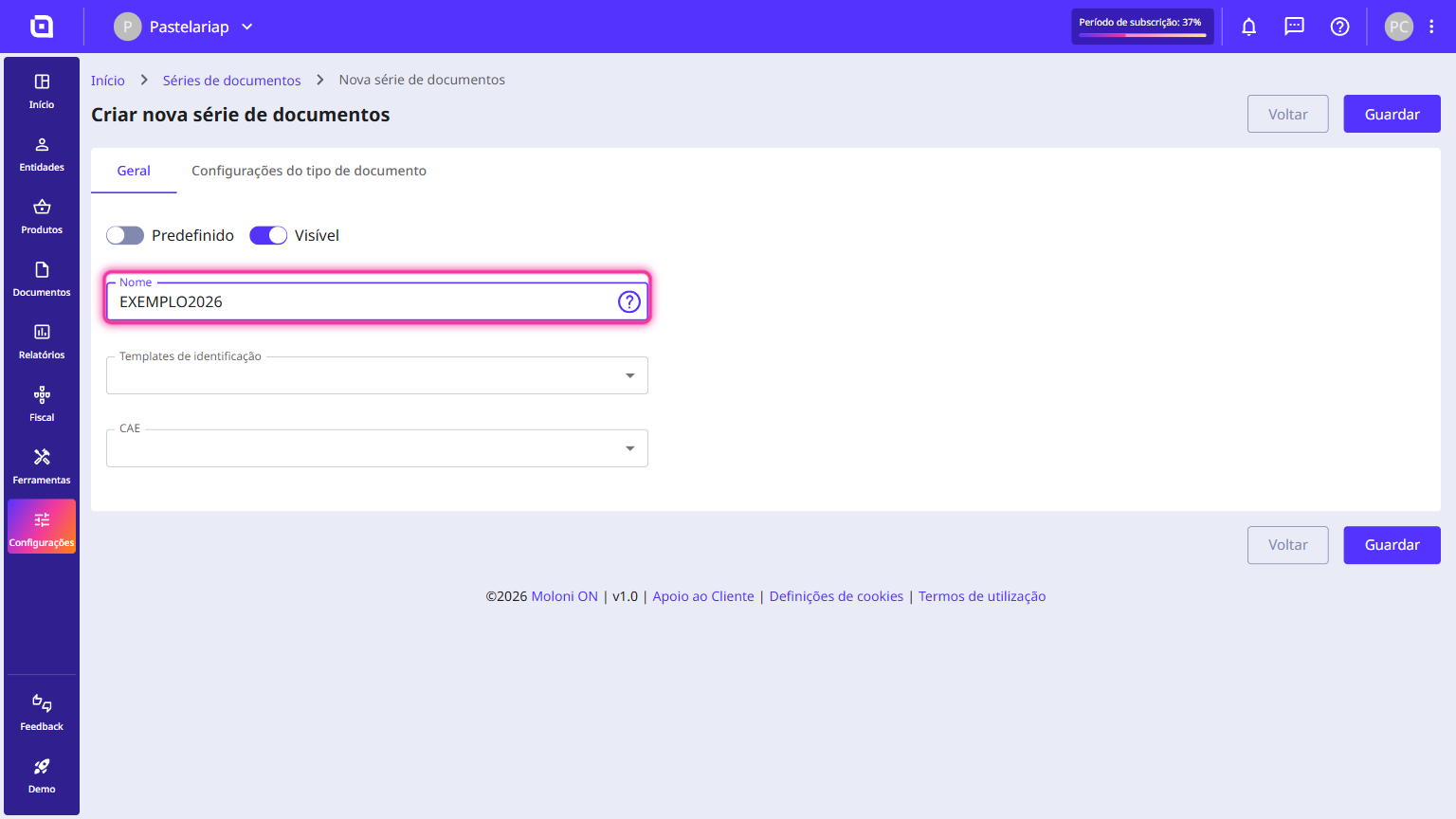 General tab of the new document set with the Name field highlighted