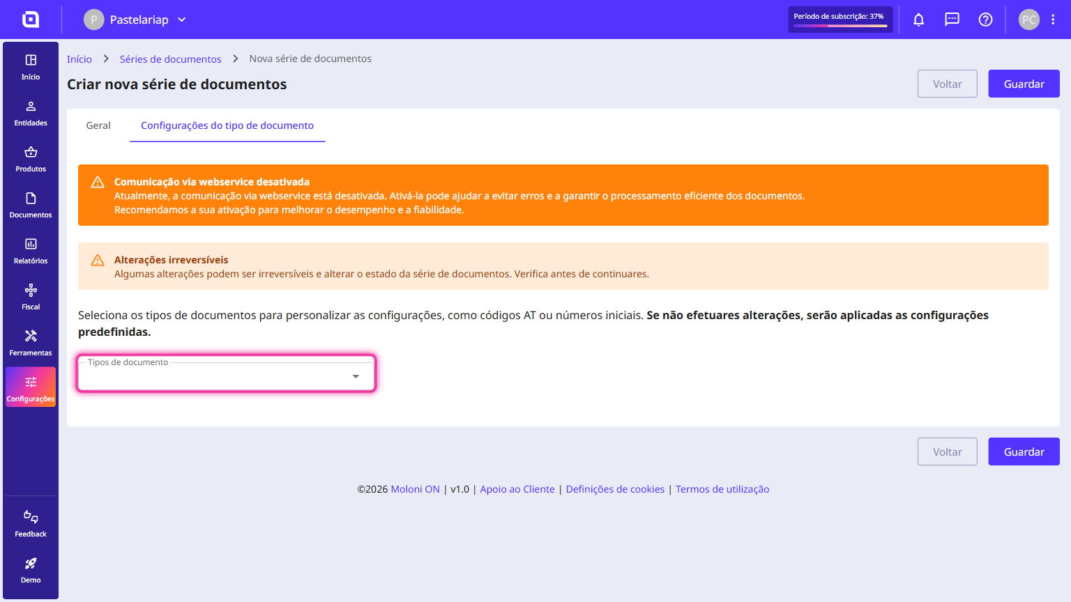 Document type configuration tab with the Document types field highlighted