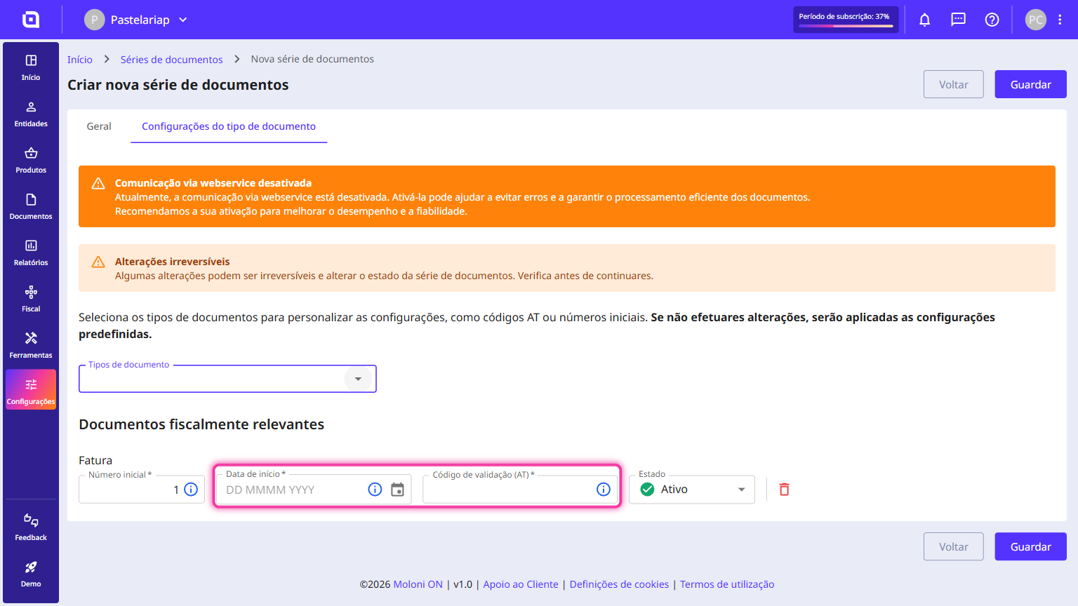 Invoice document type row with the Starting date and Validation code (TA) fields highlighted