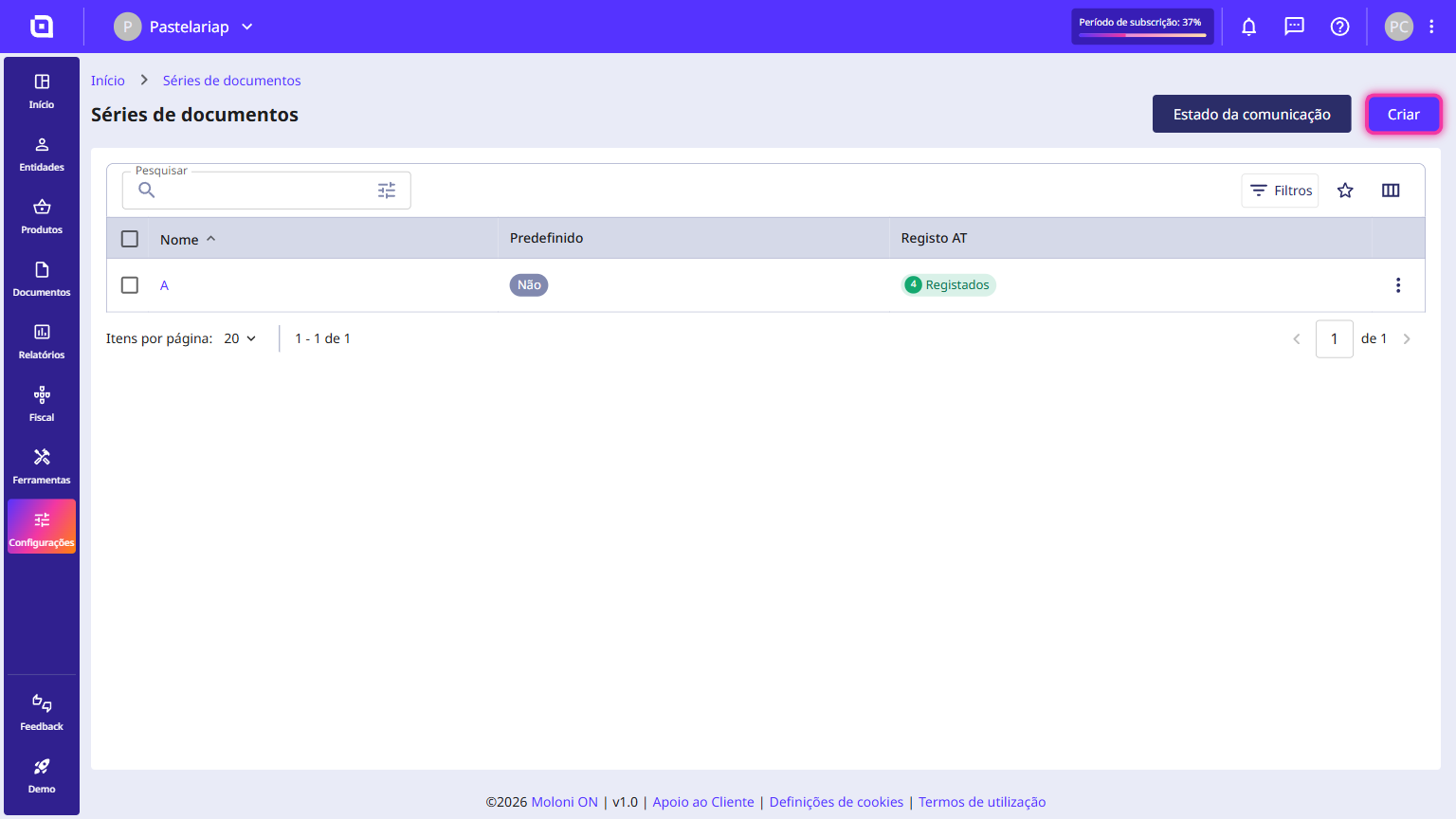 Document sets screen with the Create button highlighted