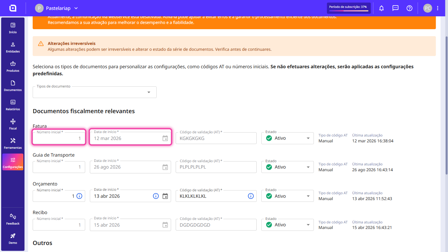 Invoice document type row with the Initial number and Starting date fields highlighted