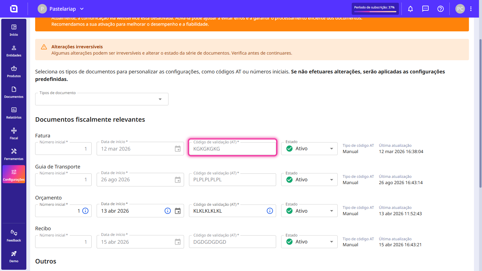 Invoice document type row with the Validation code (TA) field highlighted