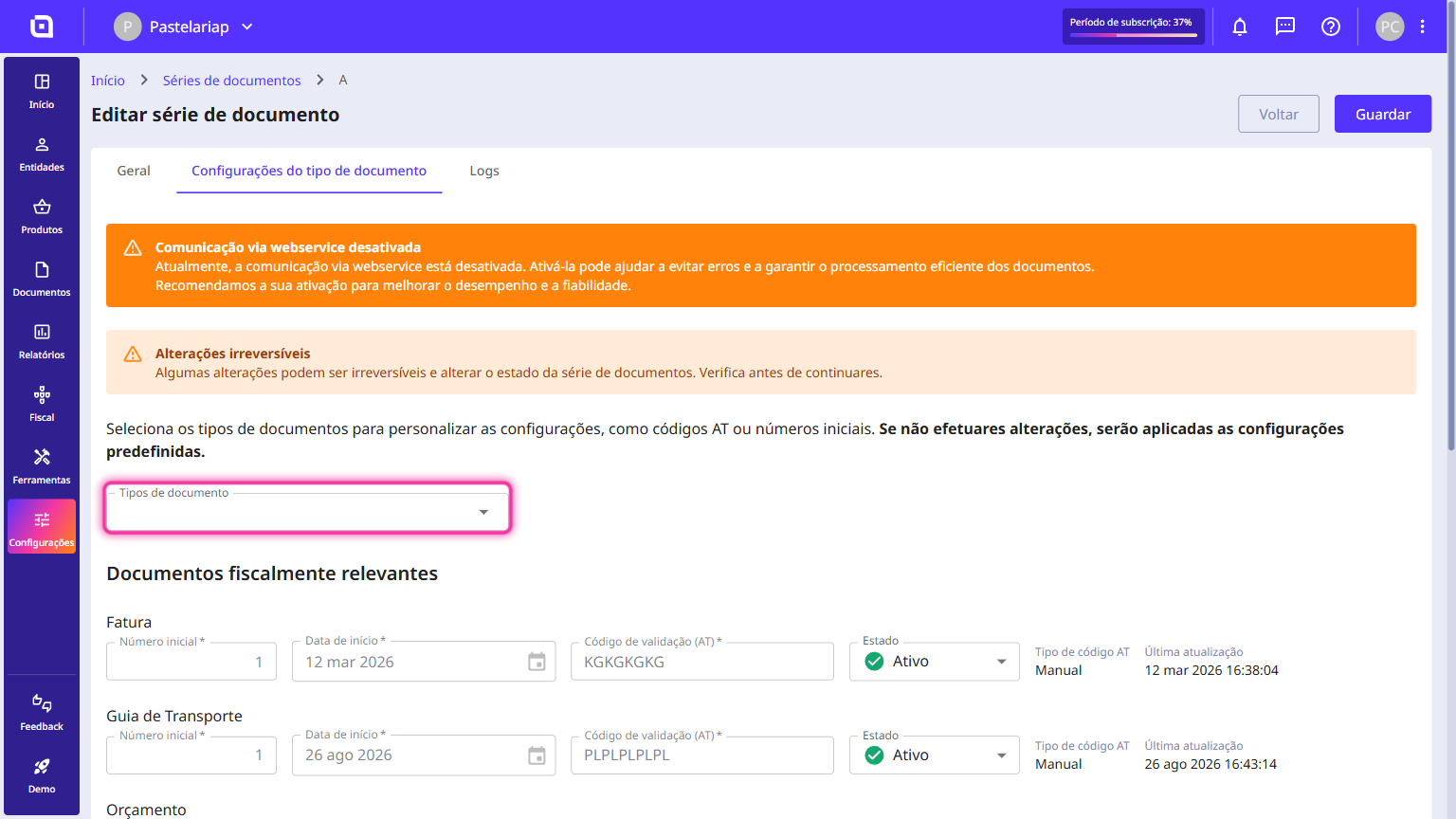 Document type configuration tab with the Document types field highlighted