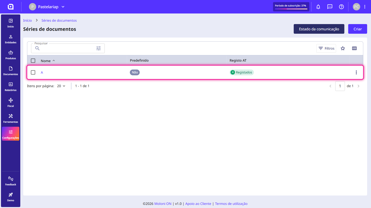 Document sets screen with the document set row highlighted