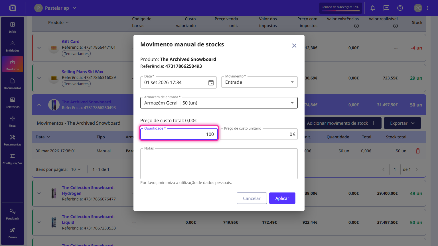 Janela Movimento manual de stocks com o campo Quantidade assinalado