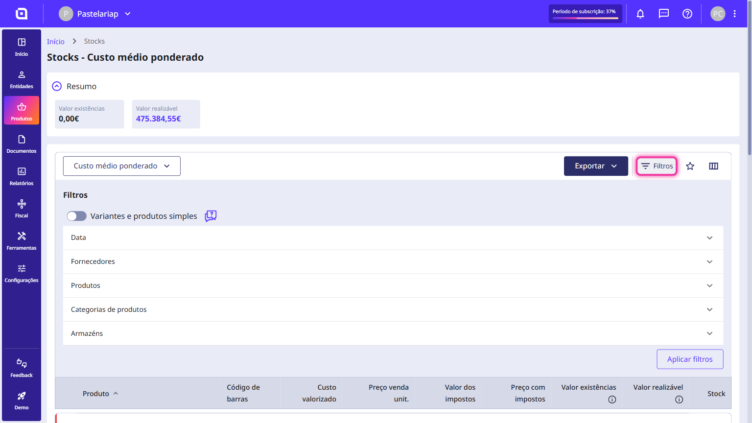 Painel de filtros da listagem de stocks aberto, com o botão Filtros destacado