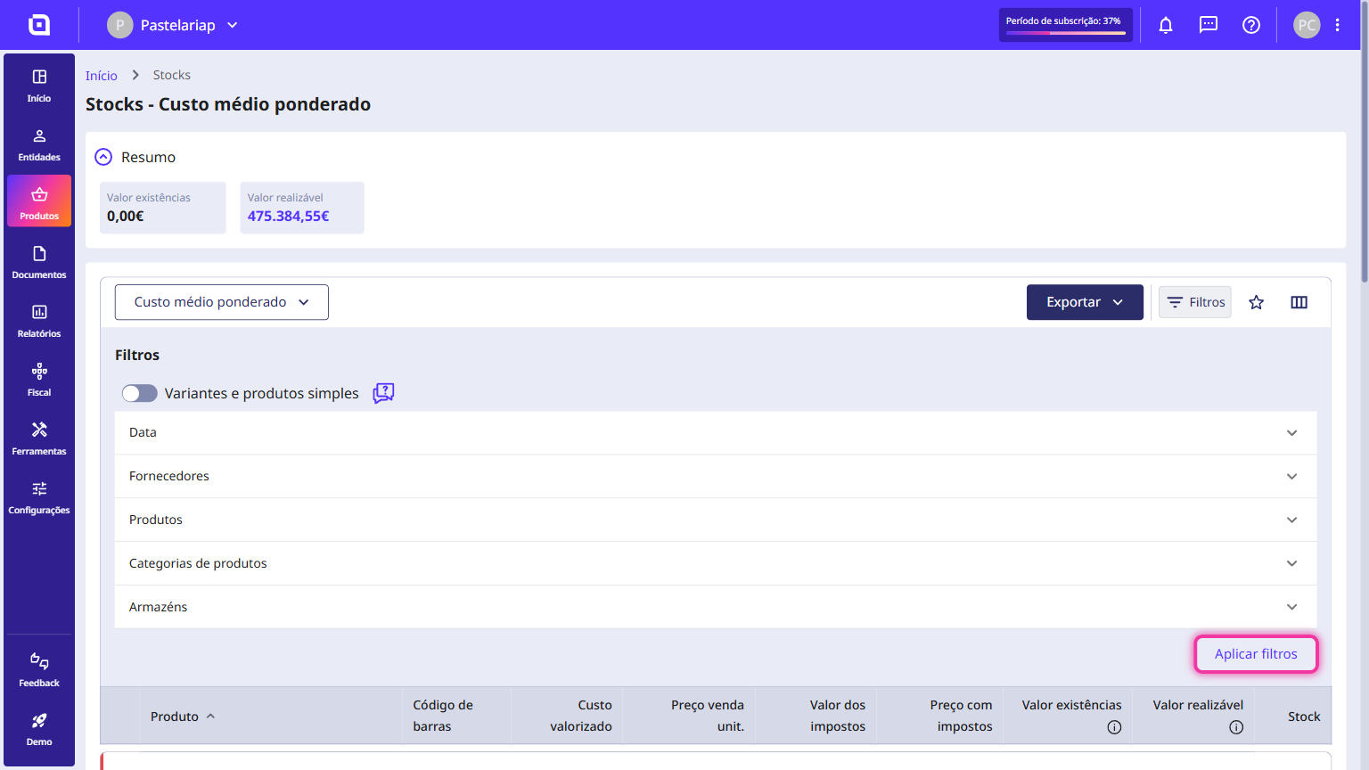Painel de filtros da listagem de stocks com o botão Aplicar filtros destacado
