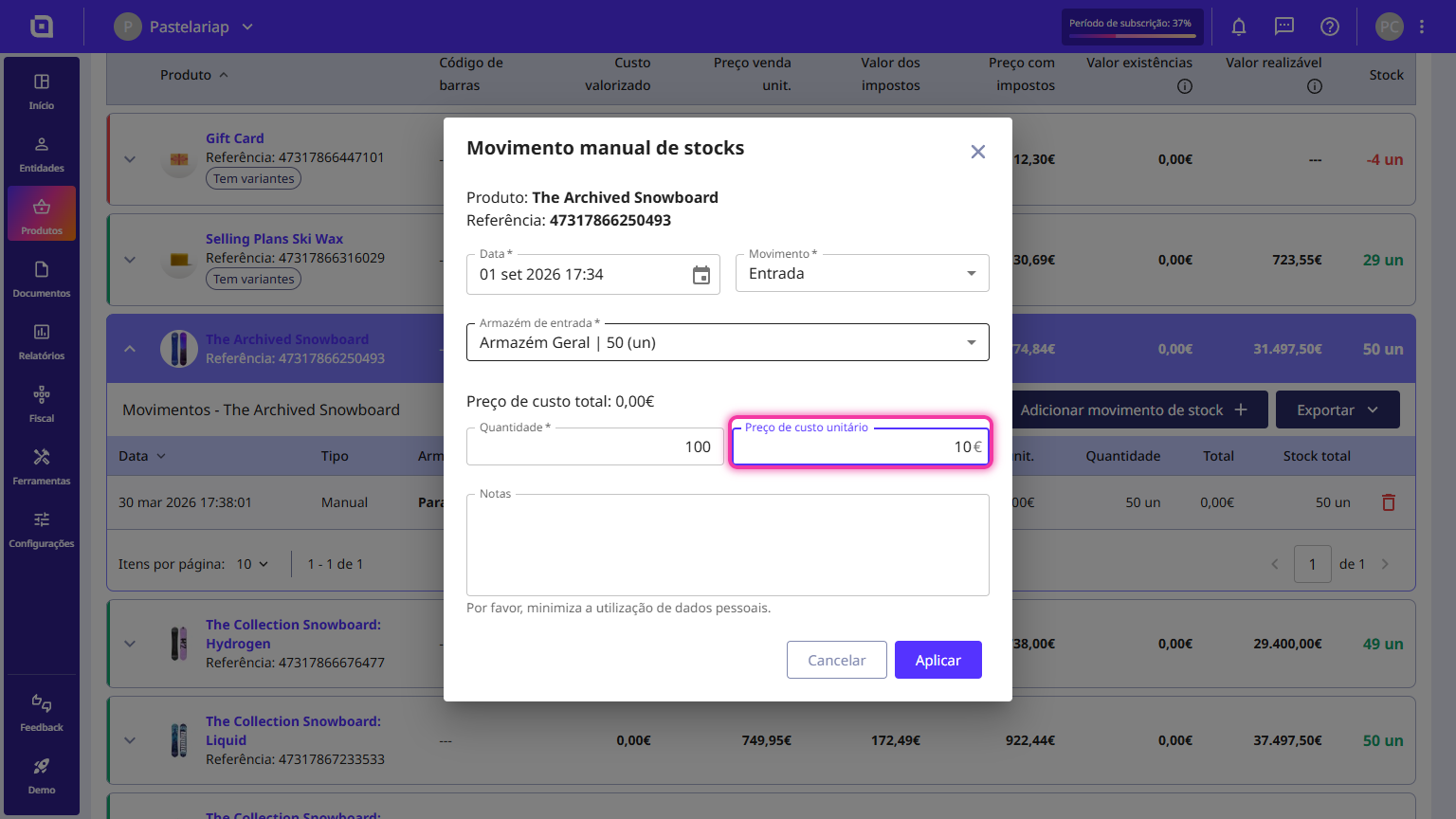 Janela Movimento manual de stocks com o campo Preço de custo unitário assinalado