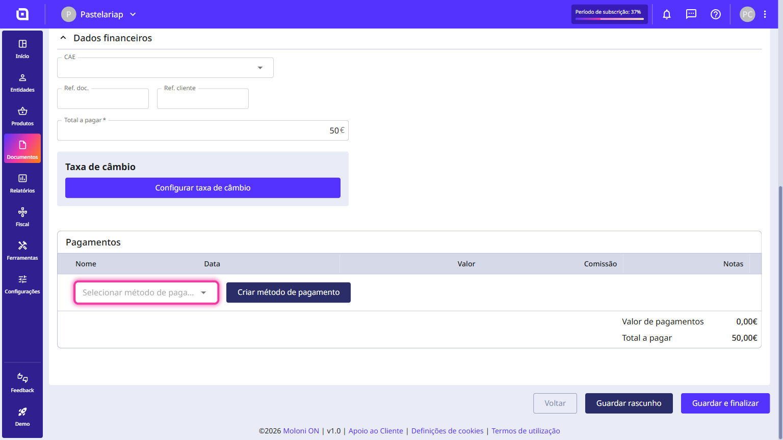 Payments section with the payment method selection field highlighted.
