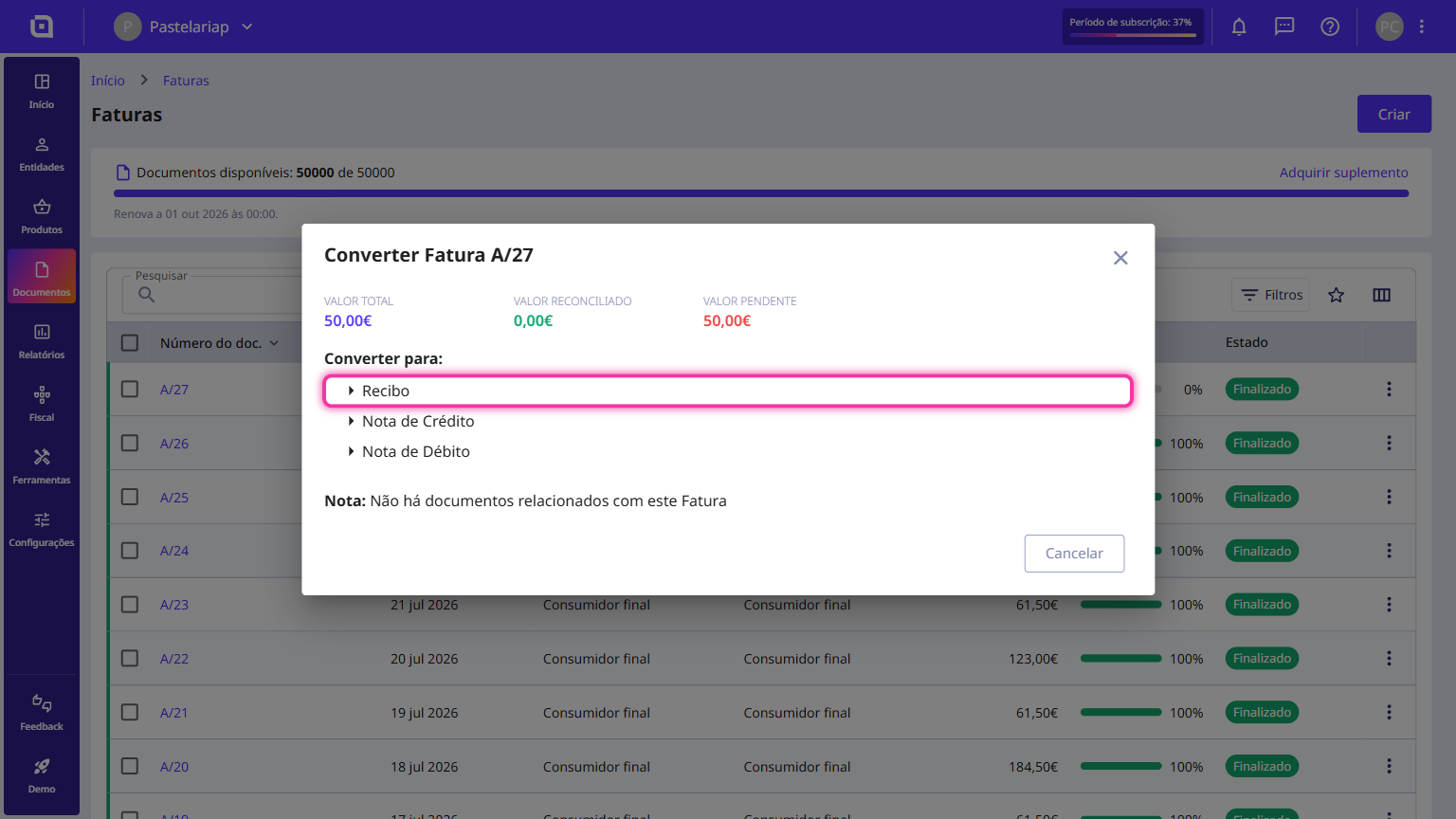 Convert Invoice window with the Receipt option highlighted.