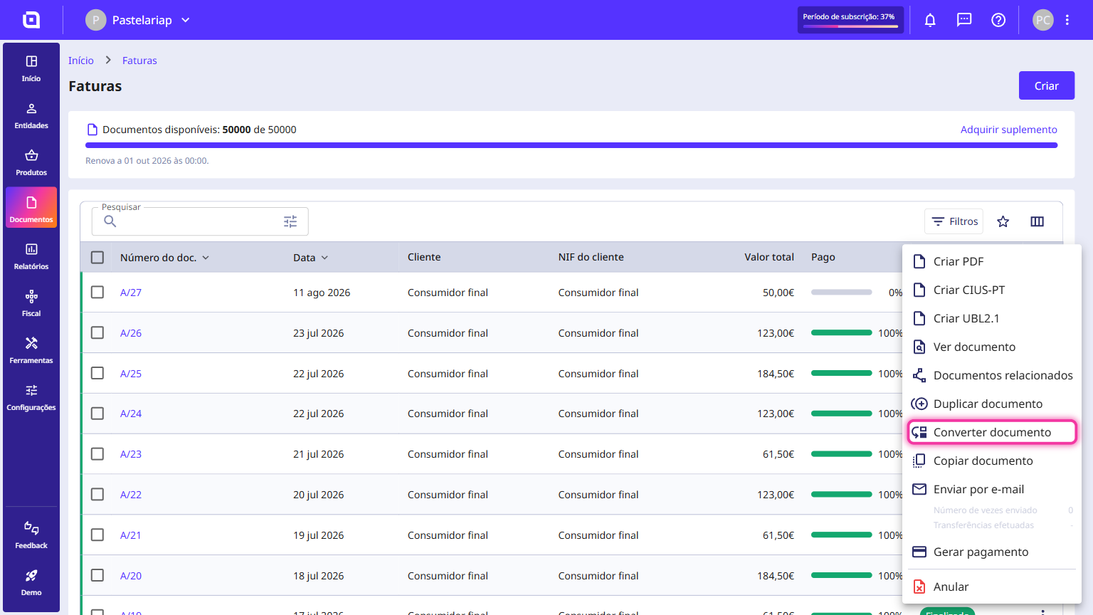 Invoice options menu open, with the Convert document option highlighted.