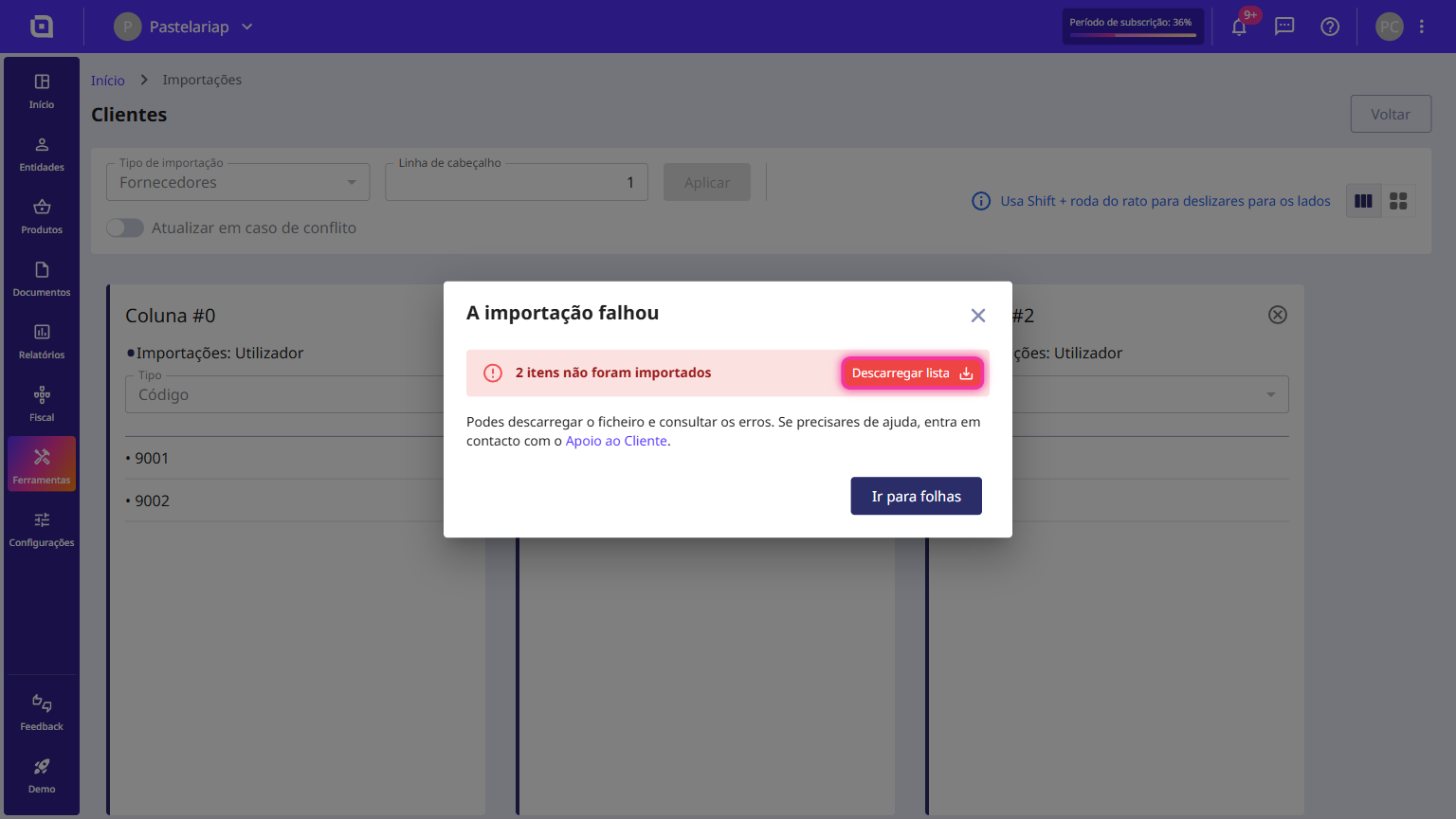 Janela A importação falhou com o botão Descarregar lista destacado.