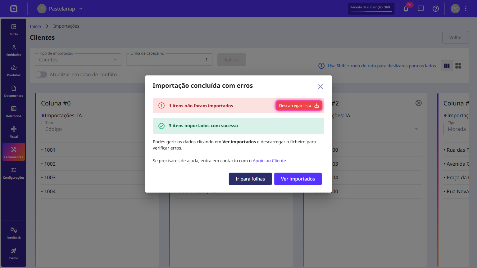 Janela Importação concluída com erros e o botão Descarregar lista destacado.