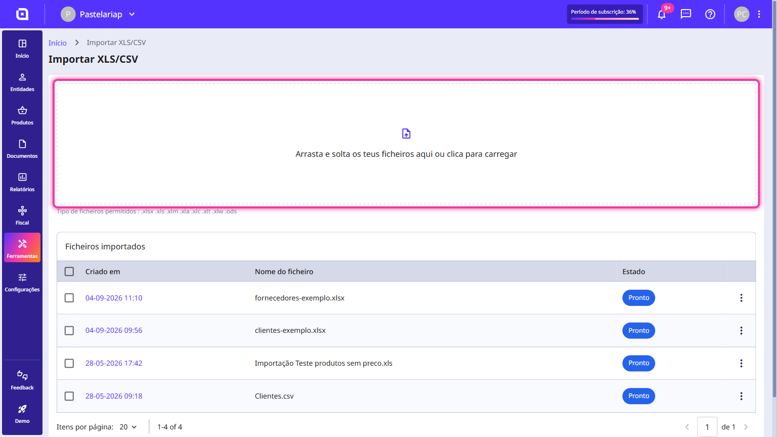 Ecrã Importar XLS/CSV com a área de arrastar e soltar ficheiros destacada.