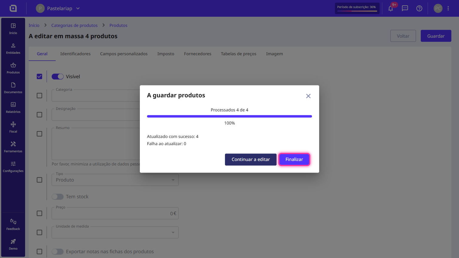 Janela da edição em massa concluída, com 4 produtos atualizados e o botão Finalizar destacado.