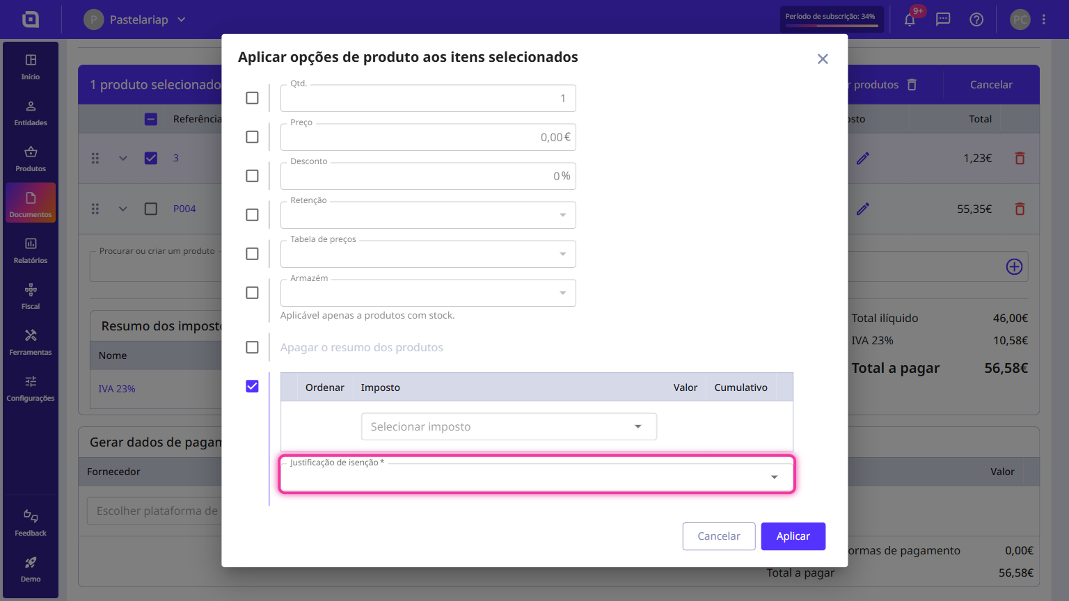 Exemption reason field filled in the product options of a Moloni ON document