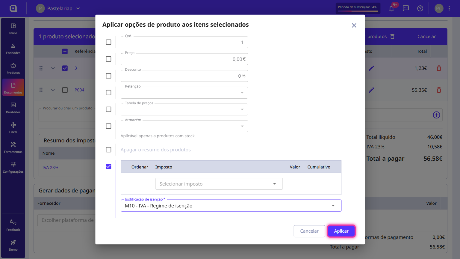 Apply button highlighted in the product options of a Moloni ON document