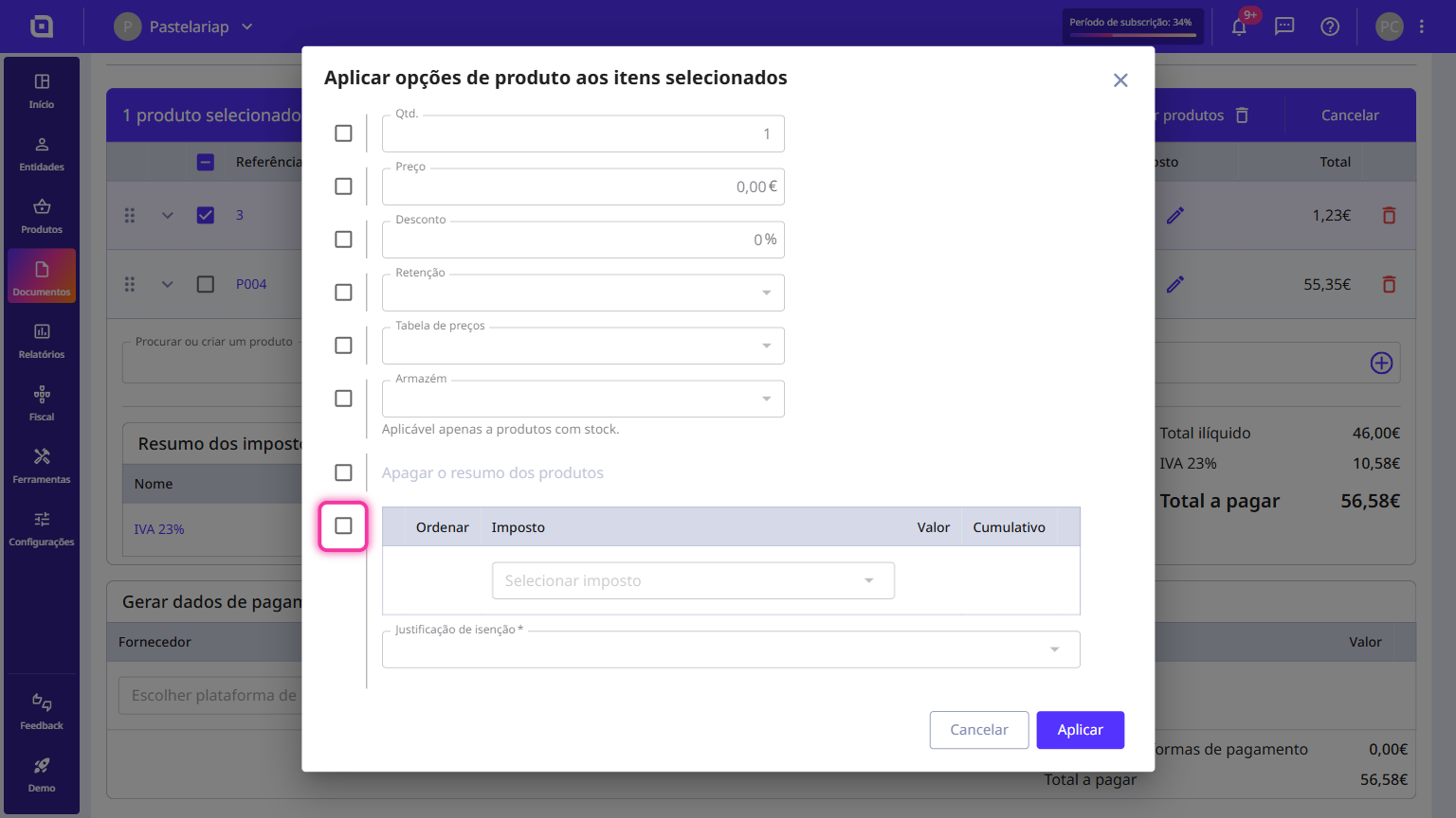 Tax checkbox ticked in the product options of a Moloni ON document