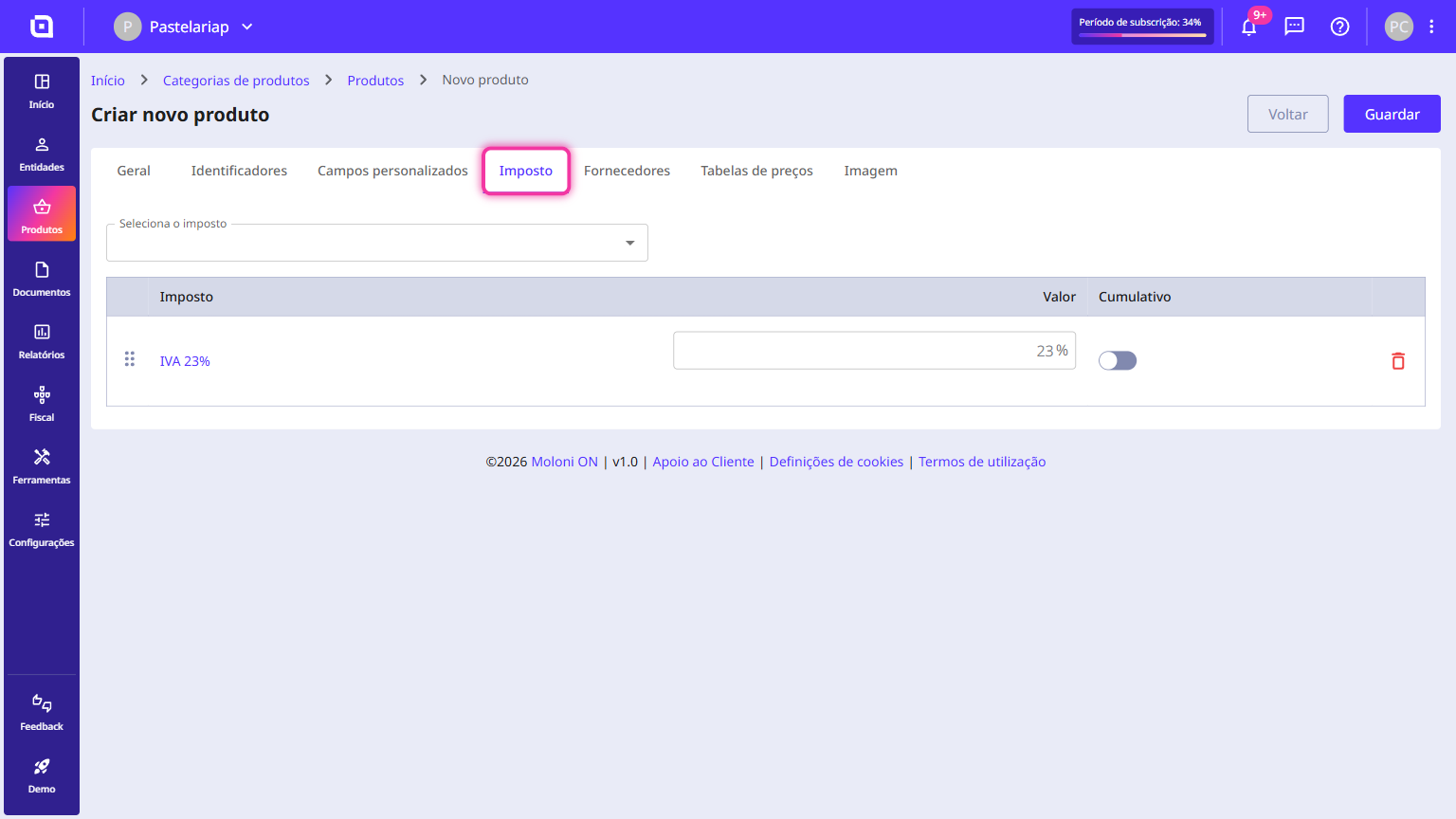 Product creation form in Moloni ON with the Tax tab highlighted