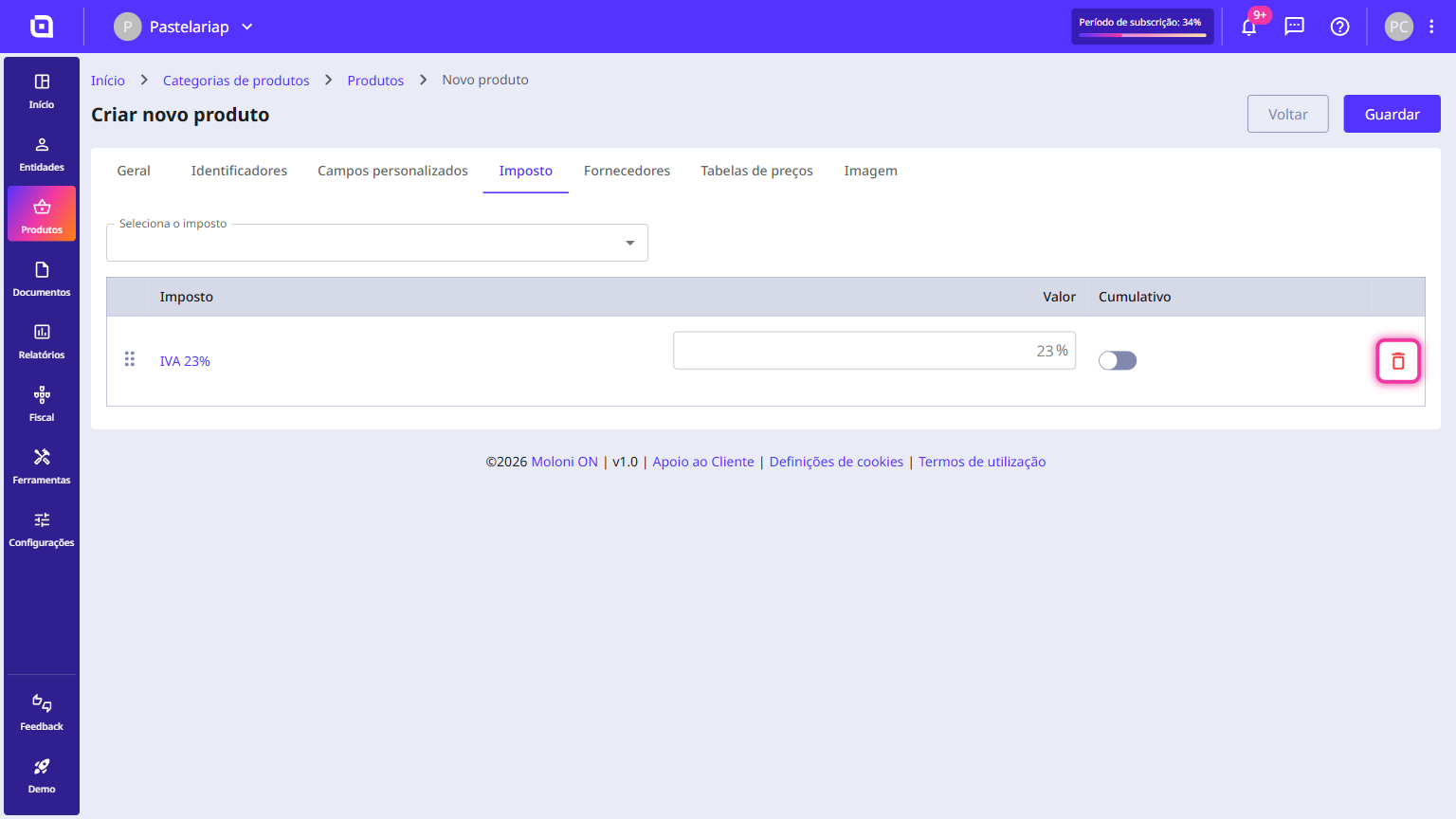 Tax tab of the Moloni ON product form with the option to remove the associated tax highlighted