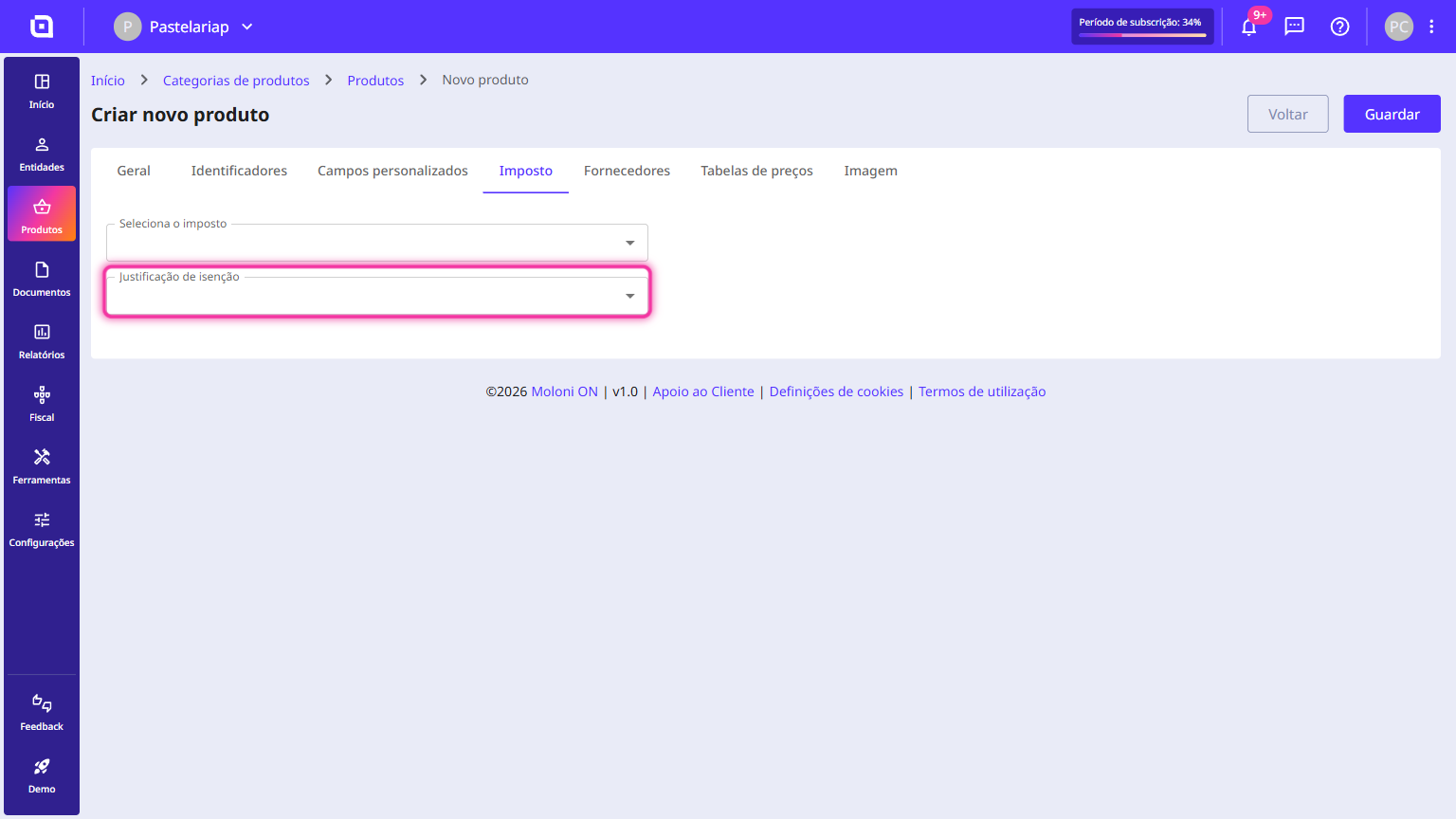 Exemption reason field highlighted on the Moloni ON product form