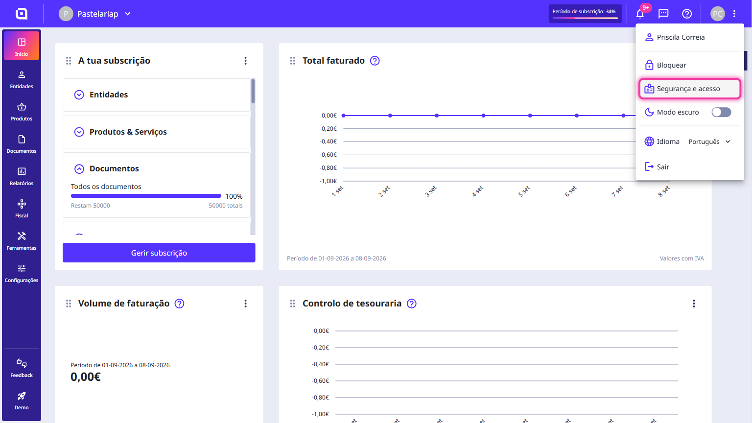Dashboard do Moloni ON com o menu de utilizador aberto e a opção Segurança e acesso em destaque