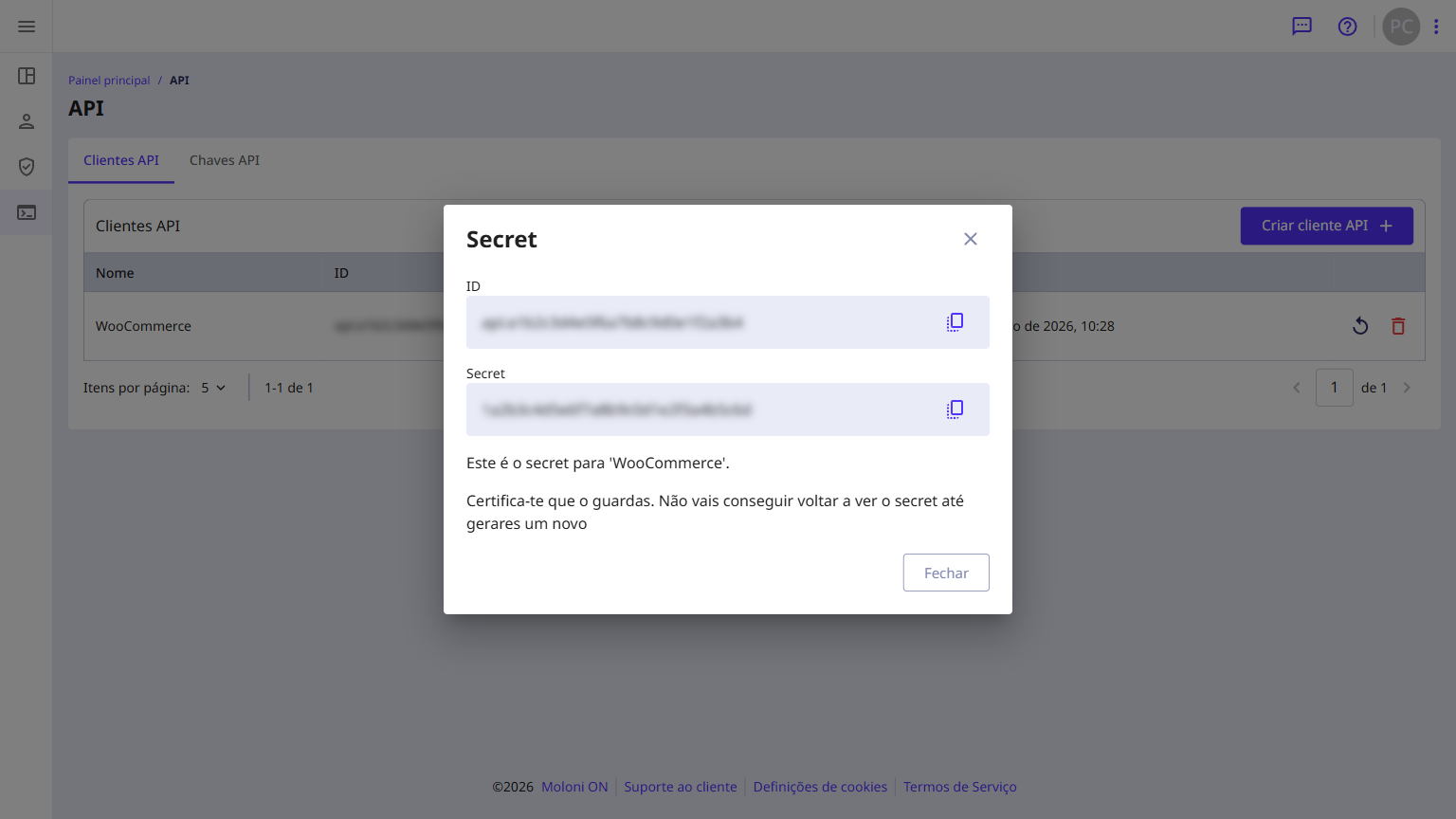 Janela com o ID e o secret gerados para o cliente API