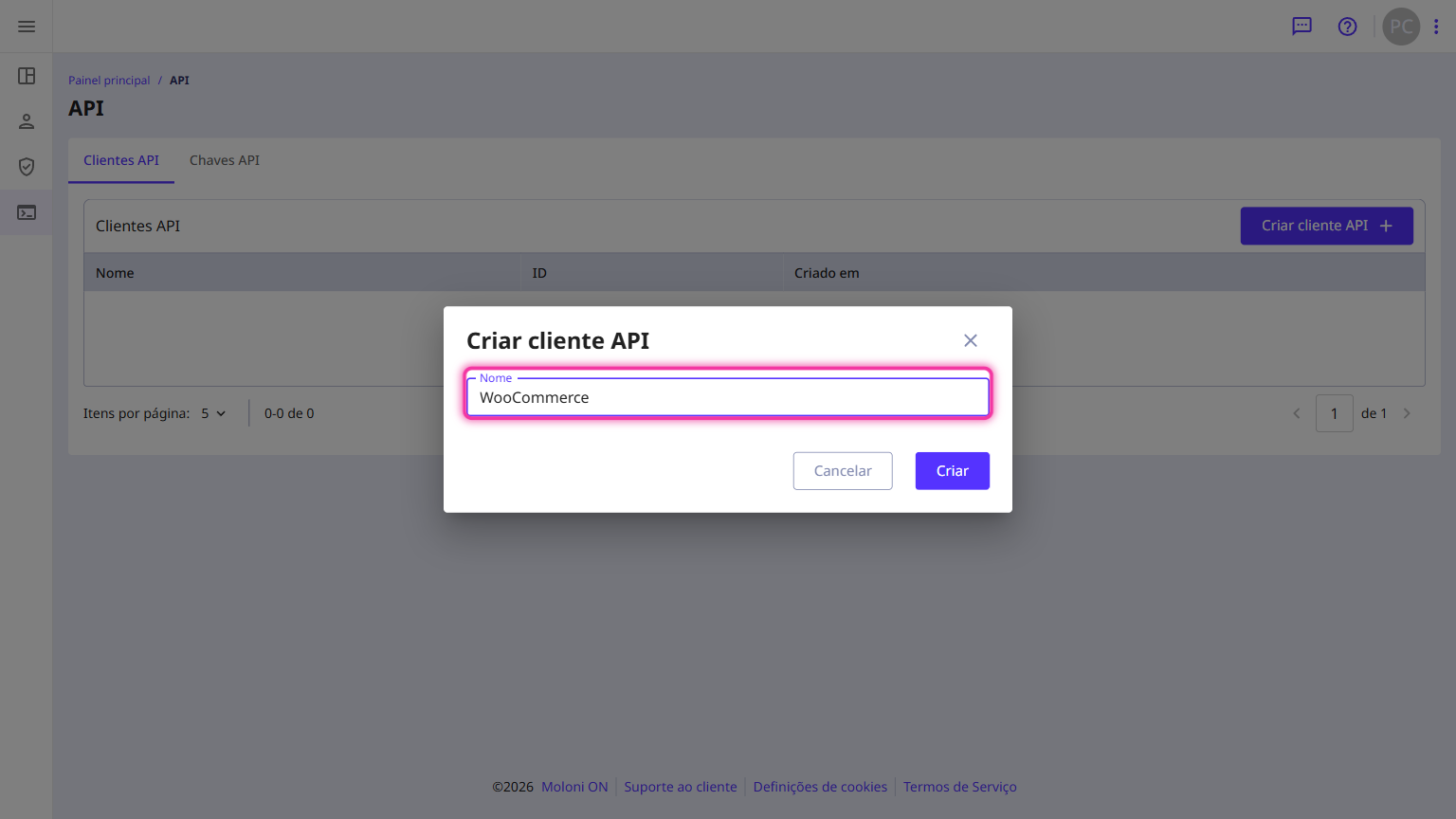 Janela Criar cliente API com o campo Nome preenchido e em destaque