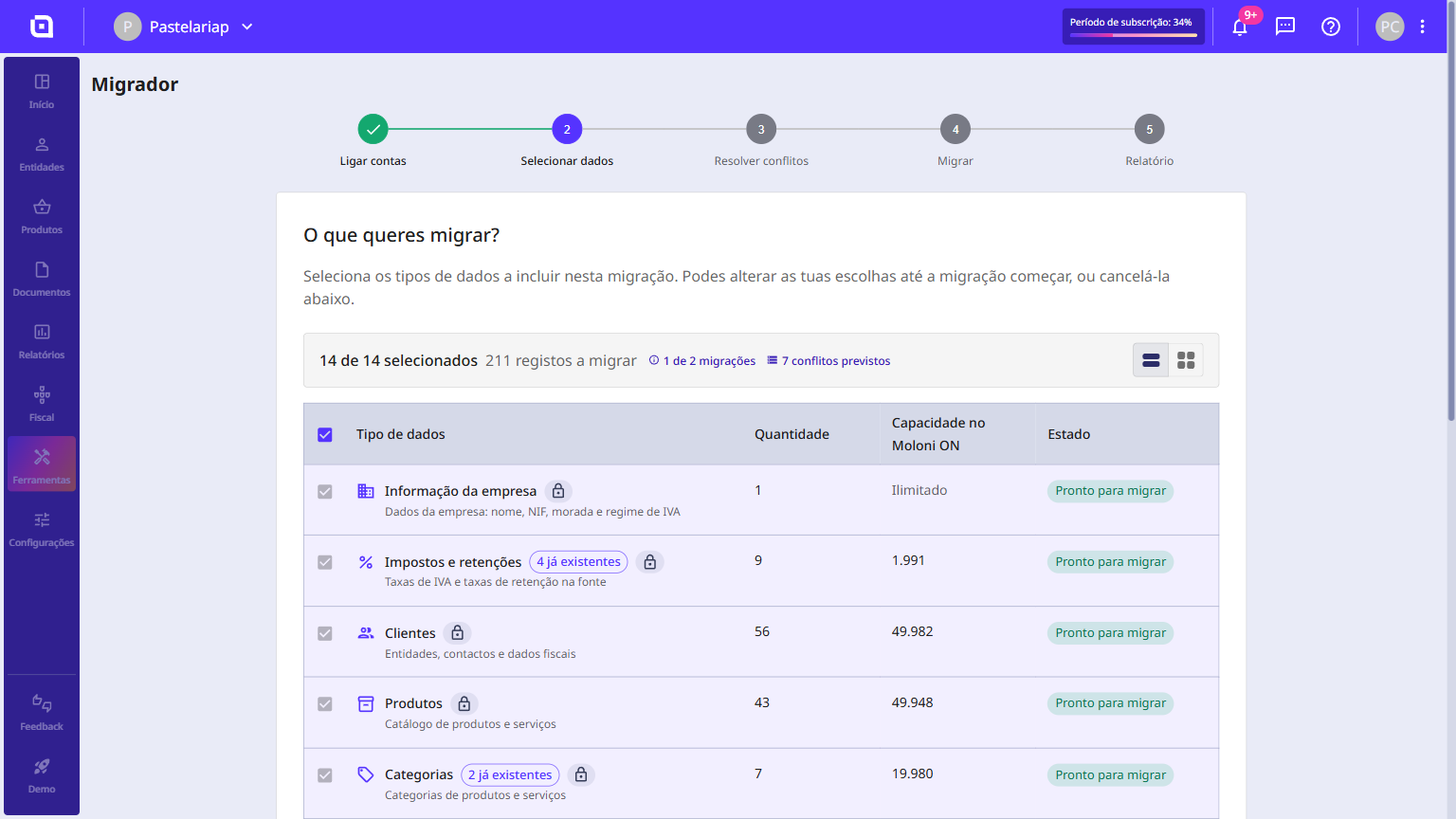 Etapa Selecionar dados do Migrador com a lista de tipos de dados, a quantidade de registos e a capacidade no Moloni ON