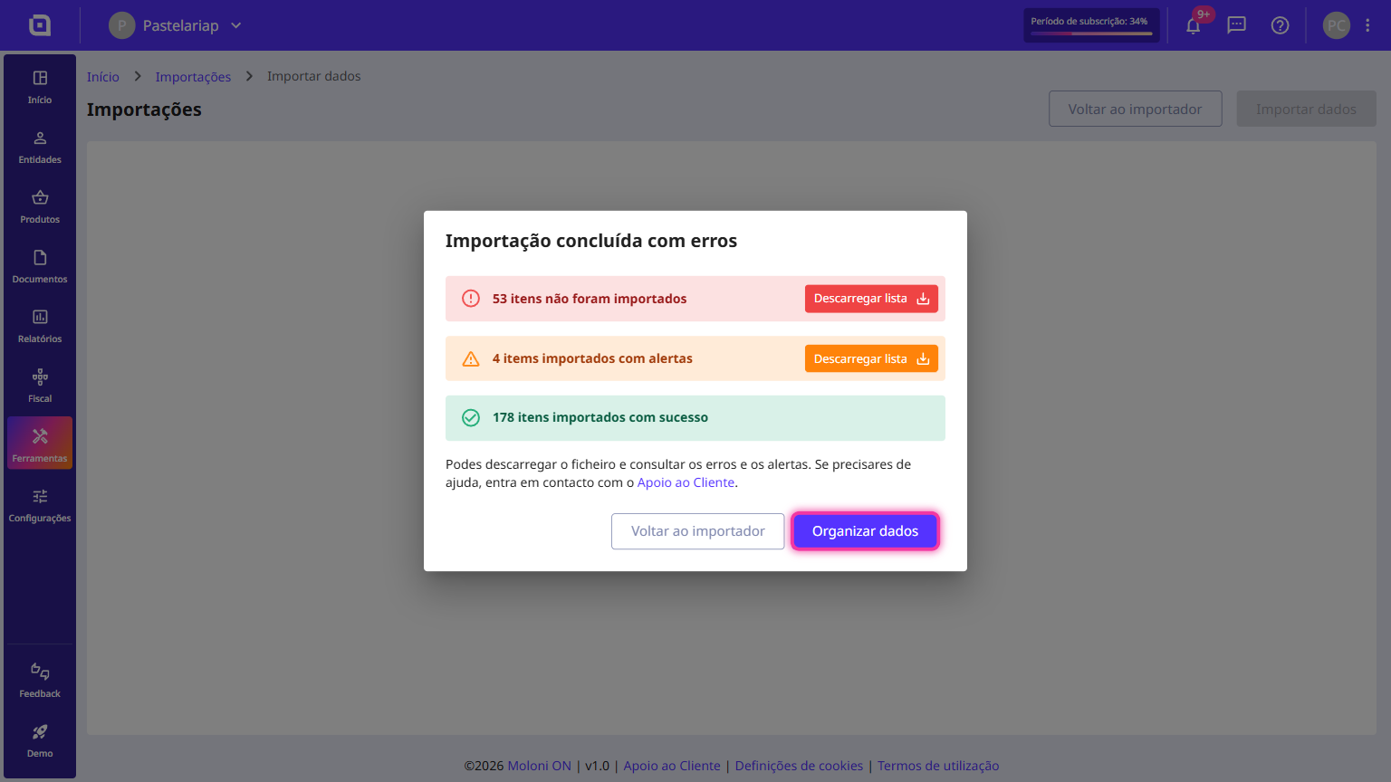 Mensagem de fim da importação com o botão Organizar dados destacado