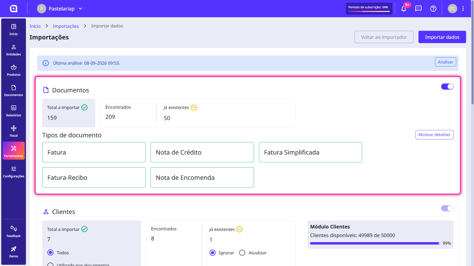 Secção Documentos da listagem de dados a importar, com o total a importar, os encontrados e os já existentes