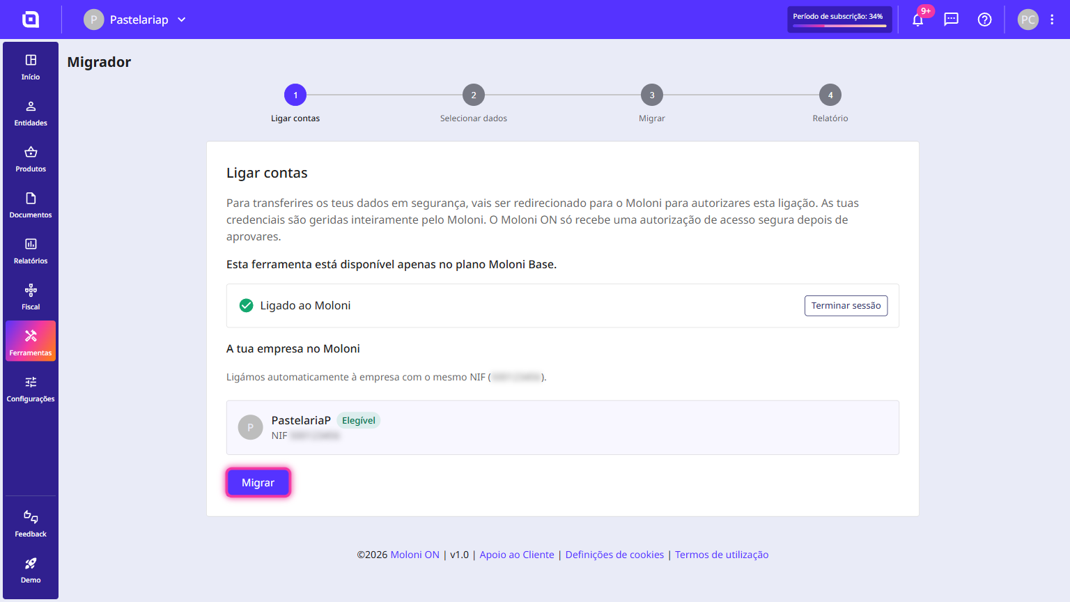 Etapa Ligar contas com a empresa do Moloni encontrada pelo NIF e o botão Migrar em destaque