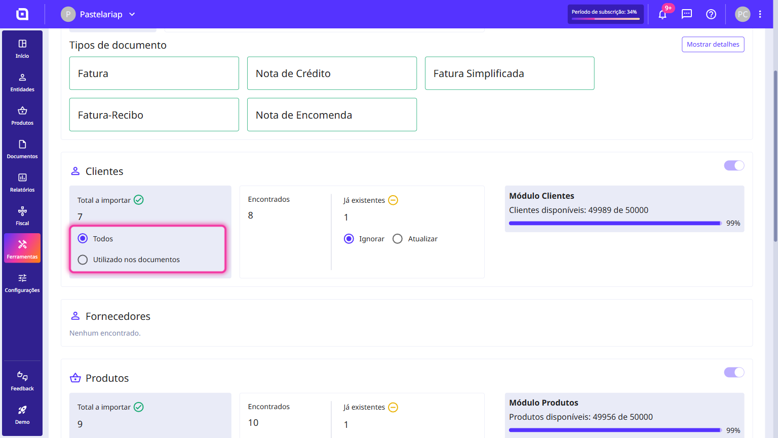 Opções Todos e Utilizado nos documentos destacadas na secção Clientes