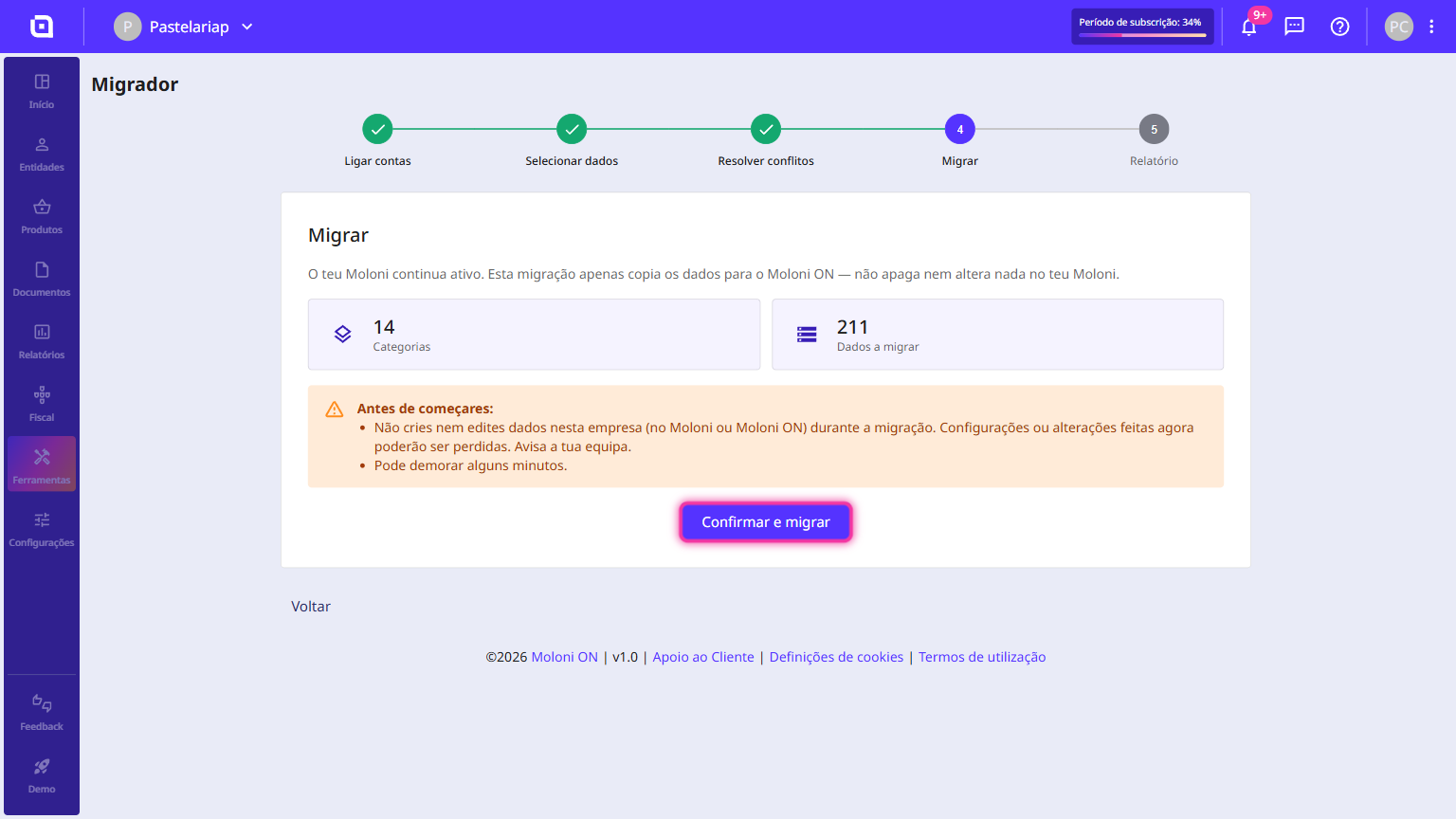 Etapa Migrar do Migrador com o resumo dos dados a transferir e o botão Confirmar e migrar em destaque