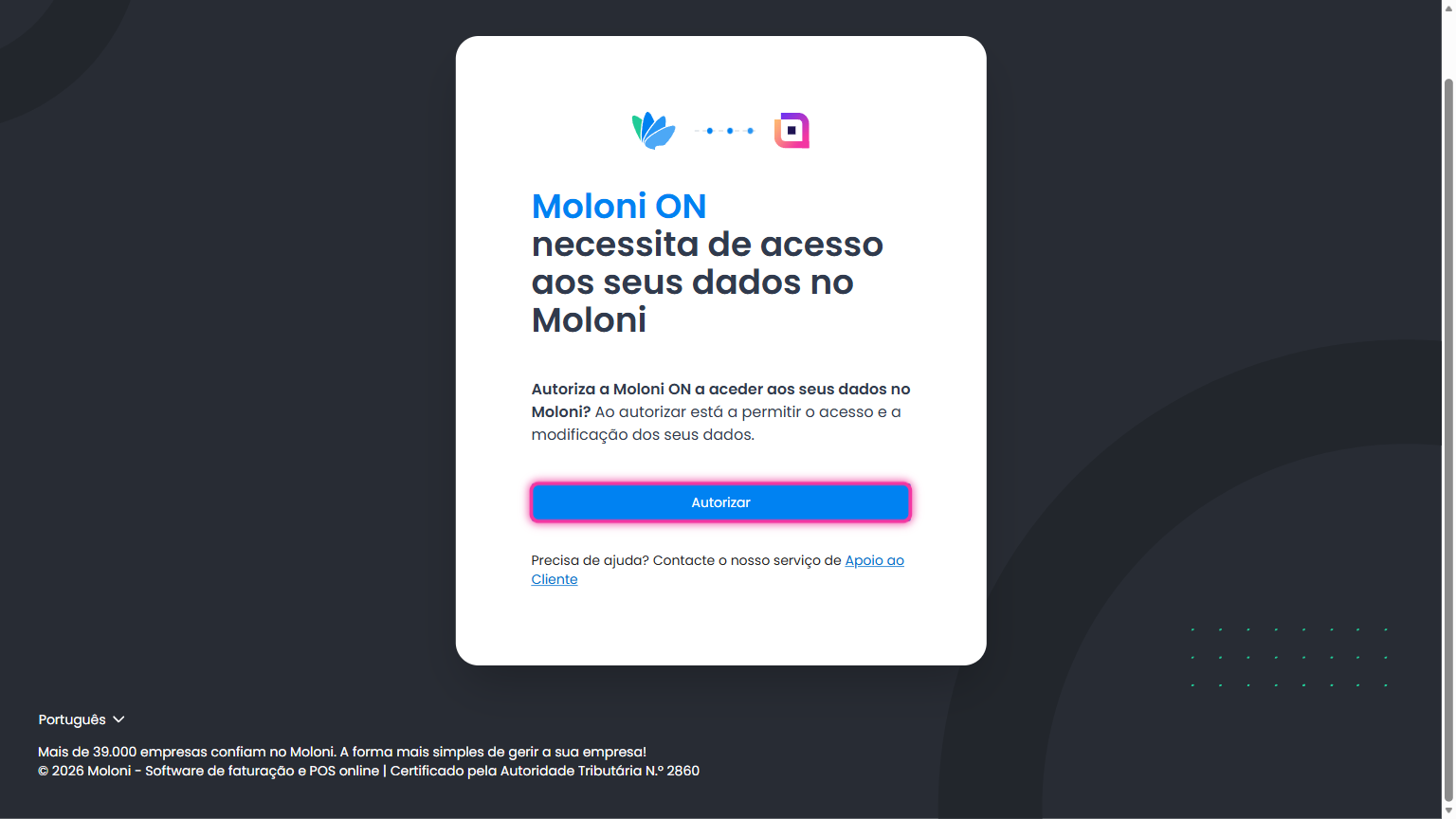 Ecrã do Moloni a pedir autorização de acesso aos dados, com o botão Autorizar em destaque
