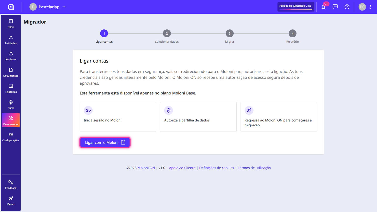 Etapa Ligar contas do Migrador com o botão Ligar com o Moloni em destaque