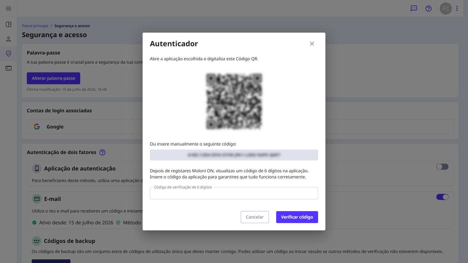 Janela Autenticador com o Código QR e o código para inserir manualmente